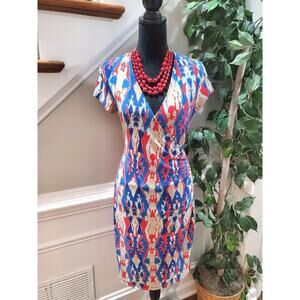 Jones New York Women Faux-Wrap Polyester V-Neck Cap Sleeve Knee Length Dress M